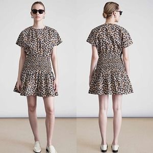 NEW Apiece Apart Mana Smocked Short Sleeve Leopard Bouquet Mini Dress